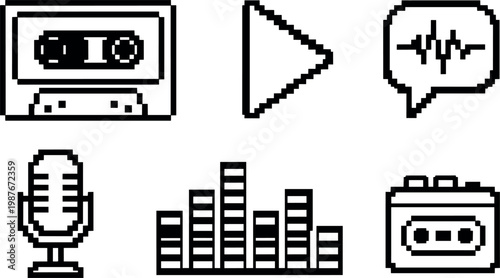 Pixel art cassette tape microphone play icon equalizer sound wave vector line art