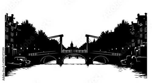 Magere Brug Skinny Bridge Amsterdam Silhouette Vector Illustration