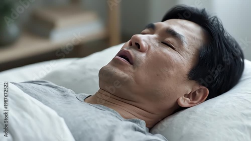 Middle Aged Asian Man Sleeping Soundly in Bed at Home