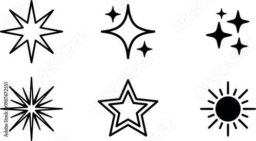 Black and white star and sparkle vector line art icons set