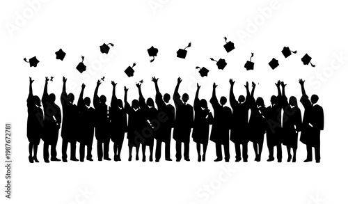 Graduating students throwing caps silhouette group celebration vector isolated on white background education success concept
