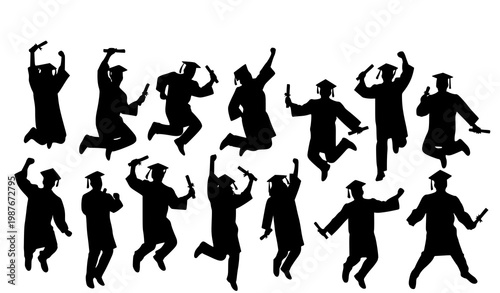 Excited graduates jumping with diplomas silhouette vector isolated on white background education achievement illustration