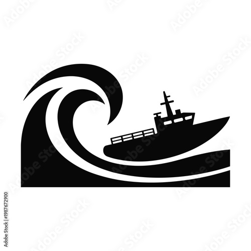 Silhouette icon of a fishing boat navigating through a large crashing ocean wave