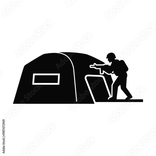 Silhouette of an armed soldier guarding a military tent or field command post structure