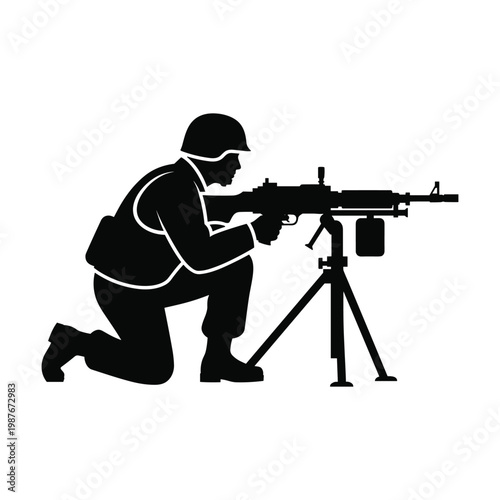 Soldier silhouette kneeling with a heavy tripod mounted machine gun machinegun military