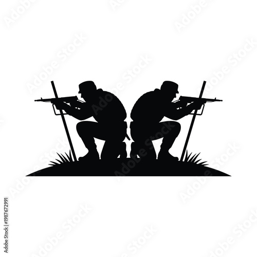 Two soldiers silhouette kneeling back to back holding rifles ready for battle combat