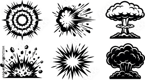 Black and white explosion and mushroom cloud vector art set with blast and burst shapes