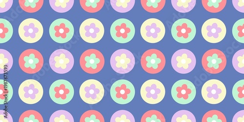 Seamless floral pattern with colorful blossoms in circles on denim blue. Playful geometric daisy design for kid fashion, retro textiles, and cute wrapping paper.