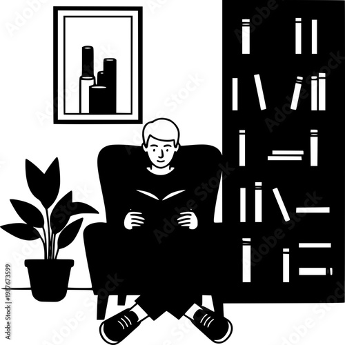 Serene Literary Retreat: An individual absorbed in reading a captivating book while seated in a cozy chair within a tranquil indoor space.