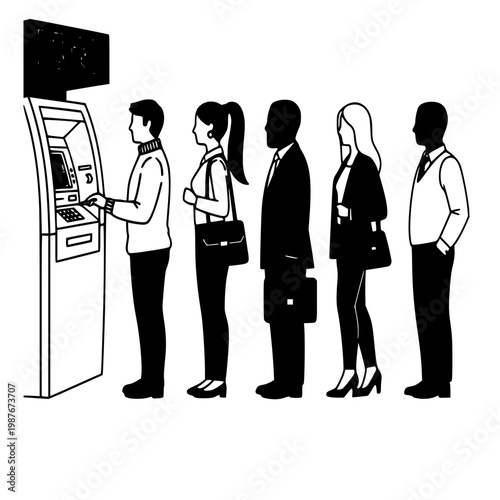 Waiting Line at ATM: A diverse group of individuals patiently waits their turn at an automated teller machine, showcasing everyday banking transactions.