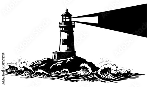 Black and White Vector Lighthouse in Stormy Sea with Light Ray