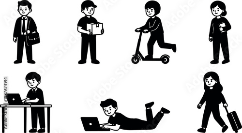 Black and white silhouette business people working and commuting with laptop and scooter vector art