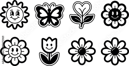 Black and white smiling sun butterfly flower and tulip vector icons set