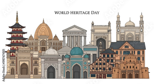 Celebrating World Heritage Day, a detailed vector illustration showcases diverse historical landmarks and ancient architecture against a clean white background, promoting cultural heritage
