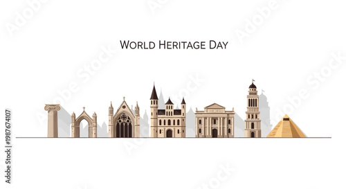 World Heritage Day is celebrated with a vector illustration design featuring historical landmarks and ancient architecture against a clean white background, emphasizing cultural heritage