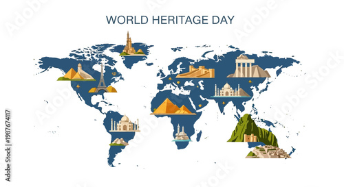 Illustrated vector map showcasing ancient architecture from UNESCO heritage sites around the globe, celebrating world culture and historical monument preservation on World Heritage Day