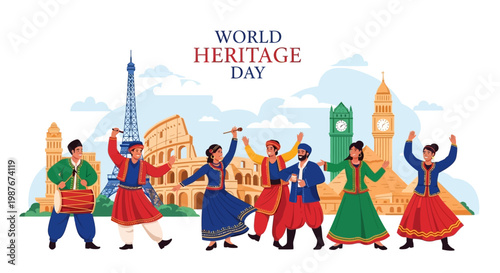 Celebrating World Heritage Day, a group of diverse people cheerfully dances in front of iconic landmarks like the Eiffel Tower and Colosseum, depicted in a bright vector illustration