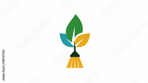 Vibrant graphic illustrating eco-friendly cleaning services, featuring a broom integrated with colorful leaves to represent natural tidiness and sustainable environmental care