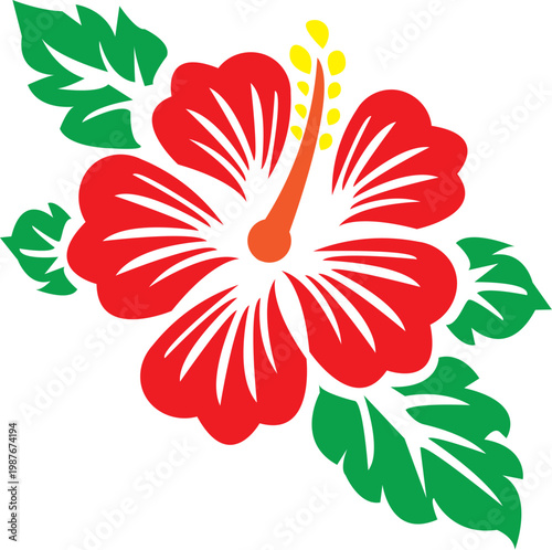 Vibrant tropical red hibiscus flower with lush green leaves and a distinctive yellow stamen, ideal for captivating summer designs and island-themed decorations