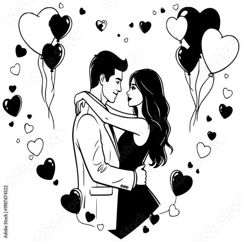 Heartfelt Embrace: A couple shares a tender embrace, surrounded by heart-shaped balloons, symbolizing love and connection, perfect for expressing affection and romance.