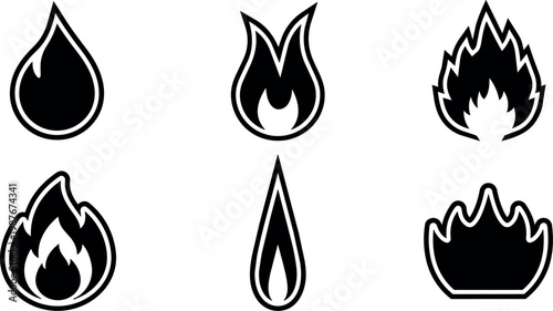 Black and white fire and flame icons set in vector art style