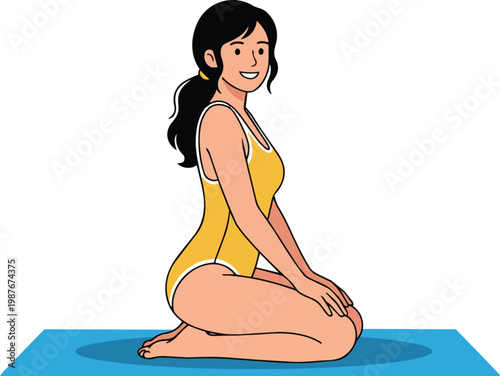 Smiling woman with black hair in yellow swimsuit sitting on knees vector illustration
