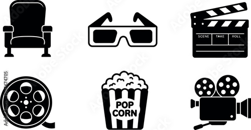 Black and white cinema icons with popcorn film reel and 3d glasses