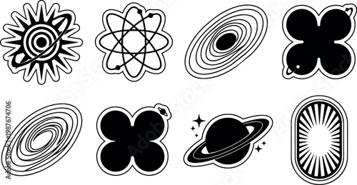 Black and white vector icons of planets galaxies and atomic structure in flat design