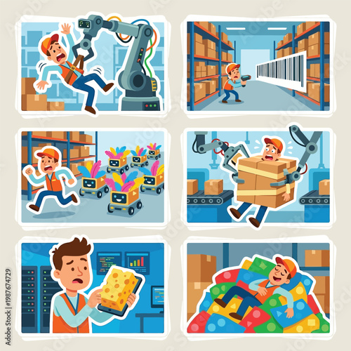 Vector Set 6 Warehouse Robot Handler Stickers Flat Art Highlighting Automation Labor Failures Logistics Mishaps And Packing Stress For International Labor Day Supply Chain Industry Needs