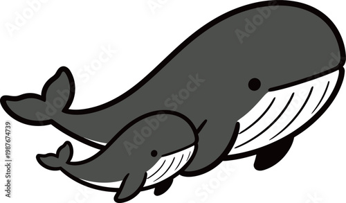 Cartoon illustration of a large whale and a smaller whale swimming together