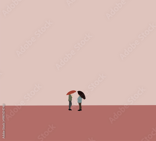 People holding umbrella talking each other on modern city street. Urban lifestyle. Friend relationship meet on holiday. 