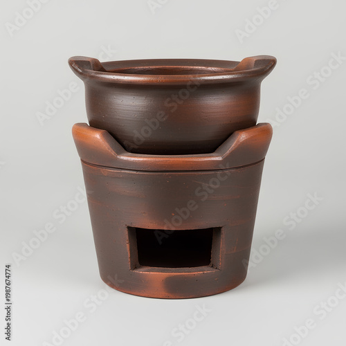 Traditional ceramic cooking pot with a charcoal stove.