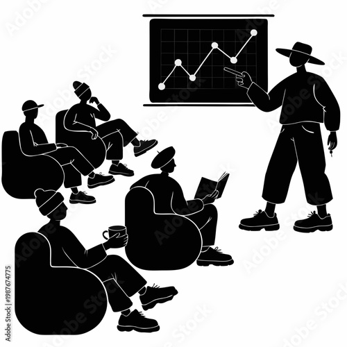 Business Presentation Illustration: A focused silhouette of a presenter conveys data to a group of attentive individuals during a dynamic business presentation, outlining strategy and direction.
