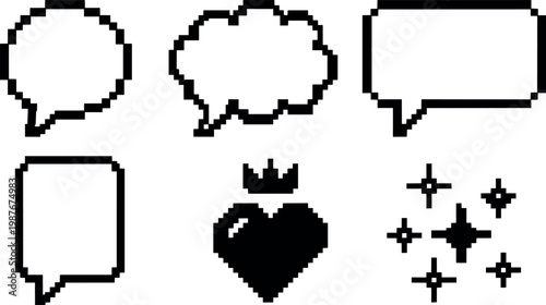 Pixel art black heart with crown and speech bubbles vector illustration
