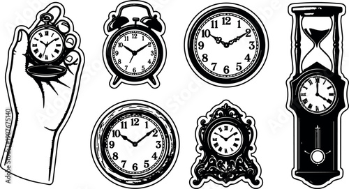 Black and white vintage clocks and watches with hand holding pocket watch illustration