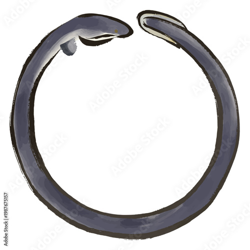 水彩風、筆タッチの円形のうなぎのイラスト