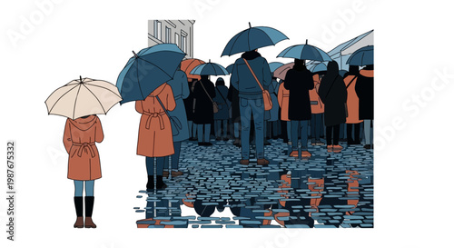 Illustration of People with Umbrellas on a Rainy Cobblestone Street