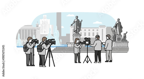 News Crew Filming a Report in City Square Vector Illustration