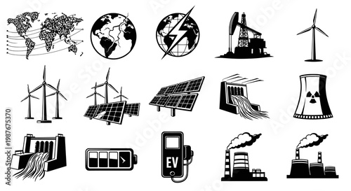 Global Energy Production and Industrial Power Source Icons