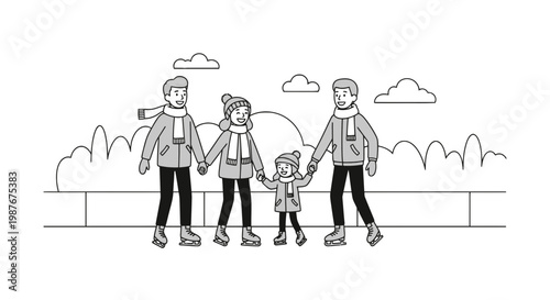 Family Ice Skating Together in a Winter Park Vector Illustration