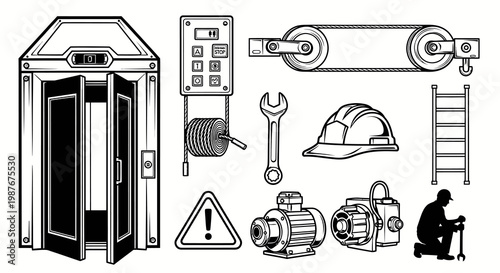 Elevator Maintenance and Industrial Machinery Component Vector Set