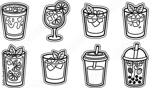 Various cocktail and bubble tea drinks with ice and mint leaves