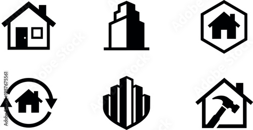 Black and white line art house and building icons set with hammer and refresh symbols