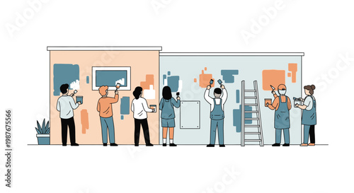 Team of Diverse People Painting a Large Wall Together Illustration