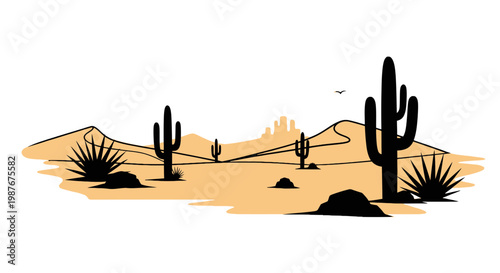 Minimalist Desert Landscape Illustration with Cacti and Sand Dunes
