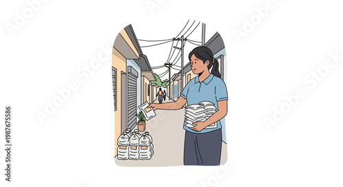 Woman Delivering Food Aid in a Village Street Illustration
