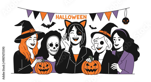 Group of friends celebrating Halloween in costumes with pumpkins