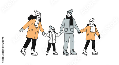 Happy Family Ice Skating Together in Winter Illustration