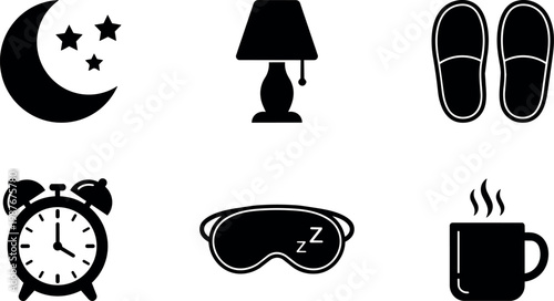 Black and white icons of moon stars lamp slippers alarm clock sleep mask and mug