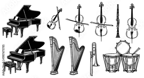 Classical Music Instruments and Orchestral Equipment Vector Collection